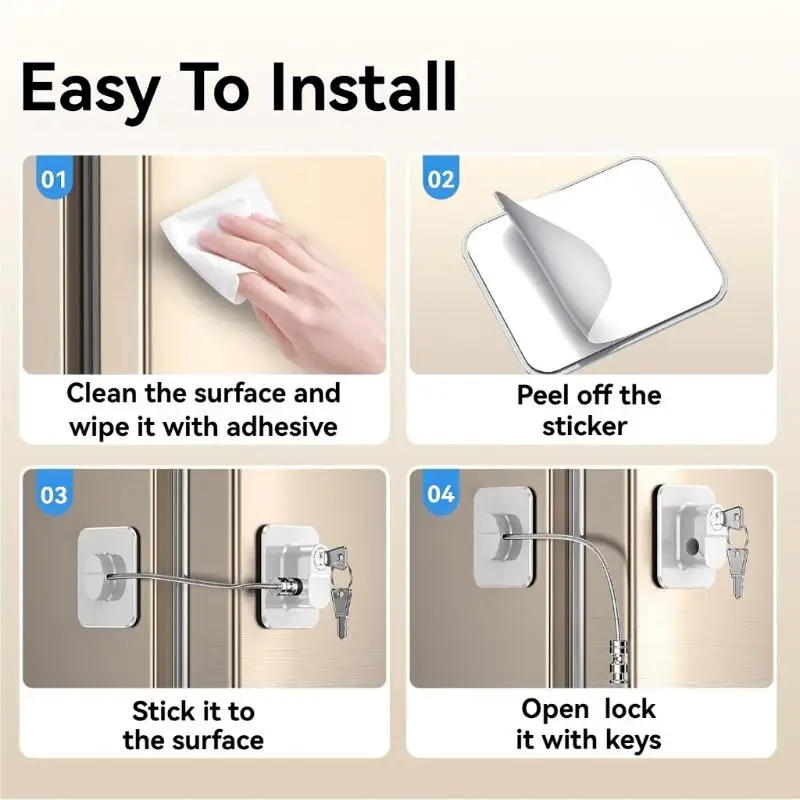 Combination Refrigerator Lock Adhesive No Drill Heavy Duty Steel Cable Anti-Pry for Home Kitchen Cabinet Door Child Safety