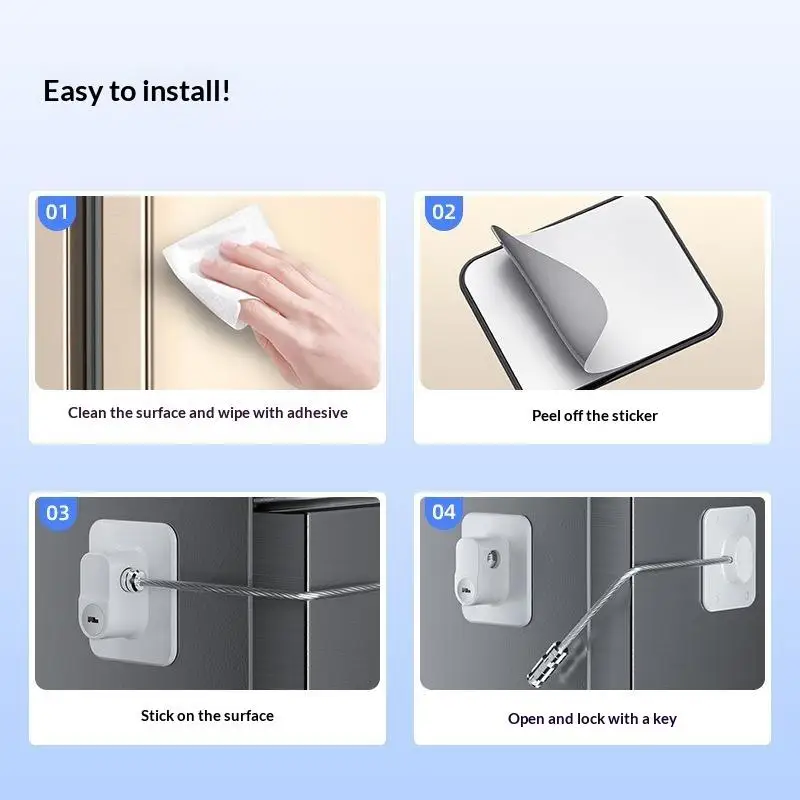Combination Refrigerator Lock Adhesive No Drill Heavy Duty Steel Cable Anti-Pry for Home Kitchen Cabinet Door Child Safety